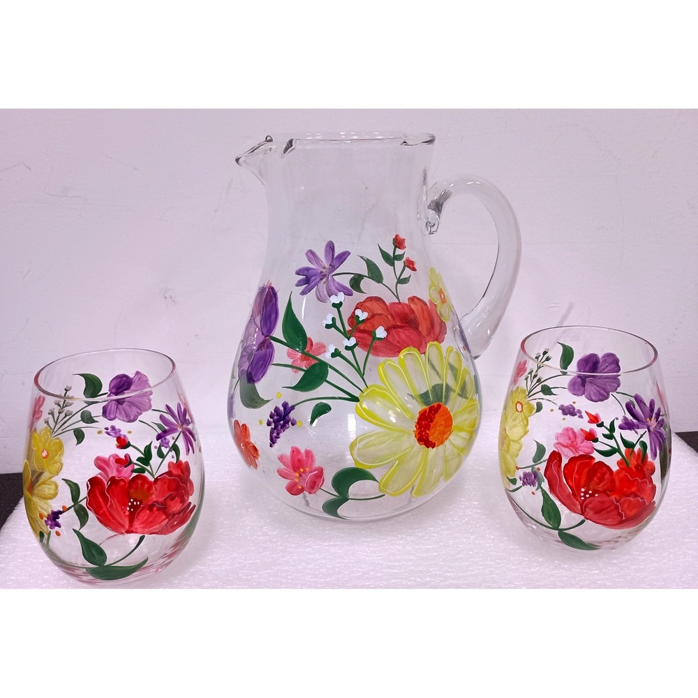 Vintage Hand Painted Floral Glass Pitcher & Stemless Wine Glass Set 3pc Cottage
